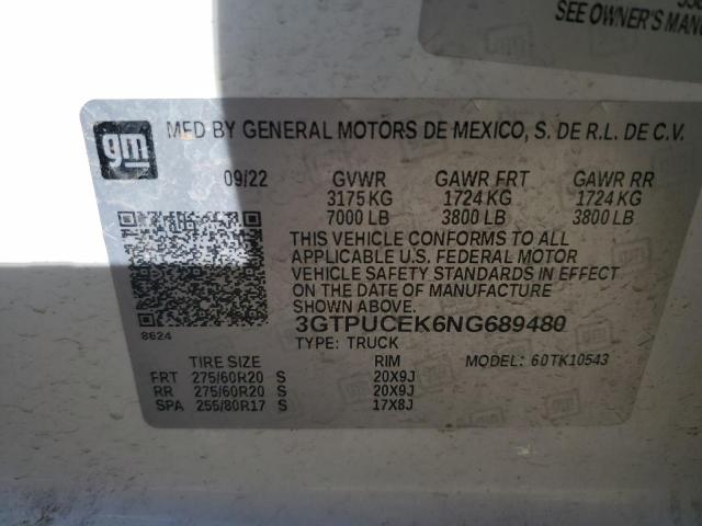 2022 GMC SIERRA K15 - 3GTPUCEK6NG689480