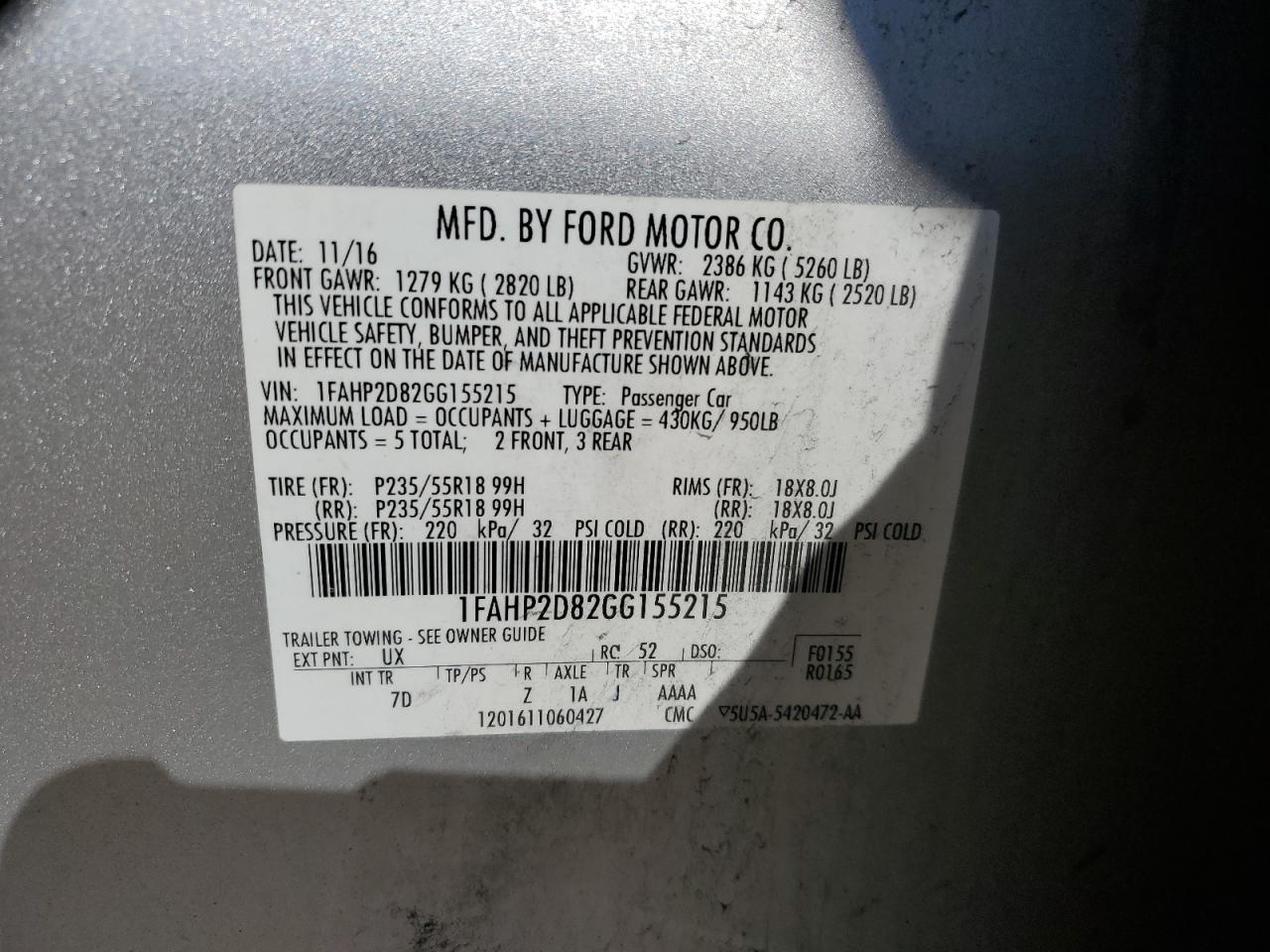 Lot #3024357549 2016 FORD TAURUS SE