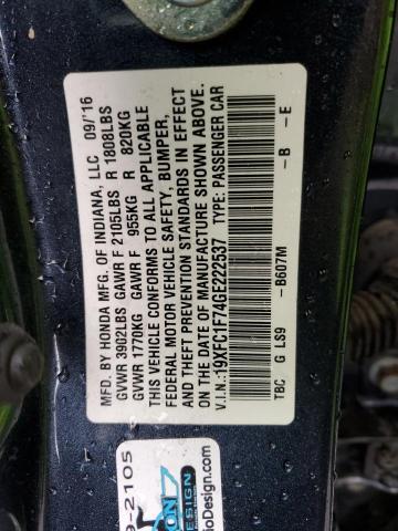 VIN 19XFC1F74GE222537 2016 HONDA CIVIC no.12