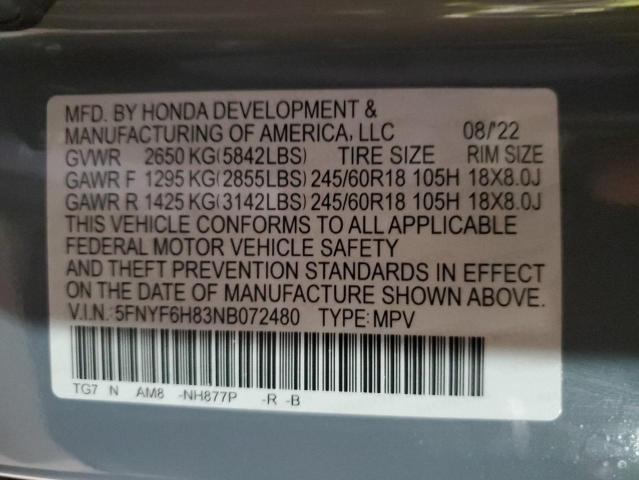 VIN 5FNYF6H83NB072480 2022 HONDA PILOT no.13