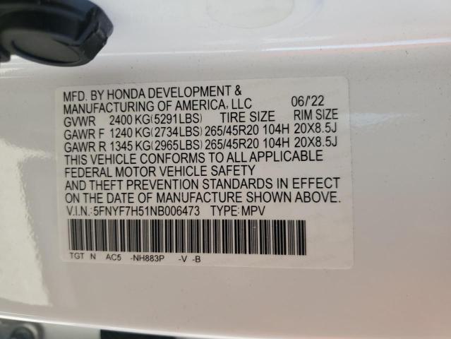 2022 HONDA PASSPORT 5FNYF7H51NB006473