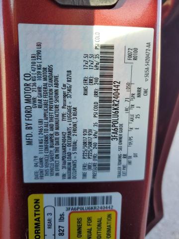 VIN 3FA6P0LU6KR240442 2019 Ford Fusion, SE no.13