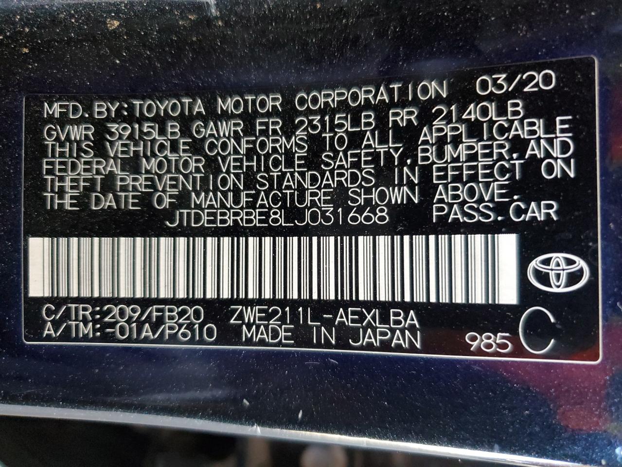 Lot #3037177483 2020 TOYOTA COROLLA LE