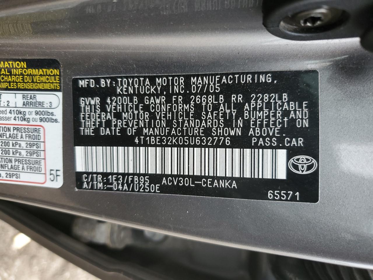 Lot #3041846427 2005 TOYOTA CAMRY LE