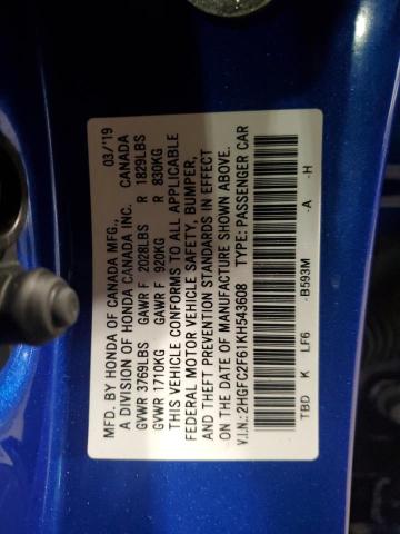 2HGFC2F61KH543608 2019 HONDA CIVIC