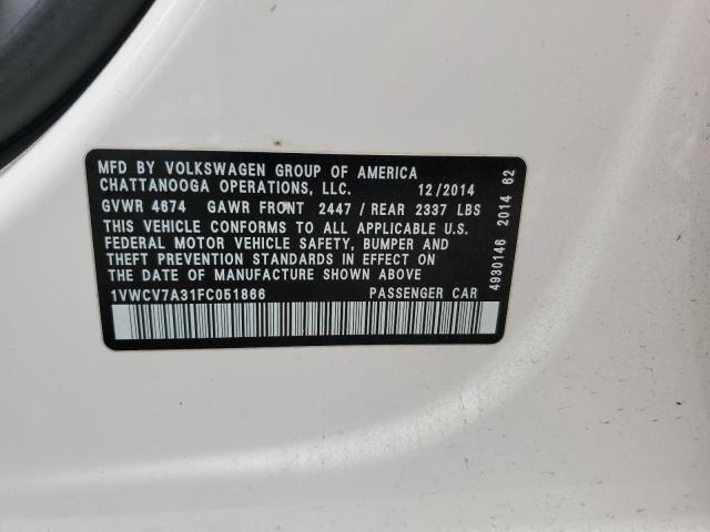 VIN 1VWCV7A31FC051866 2015 Volkswagen Passat, Sel no.12