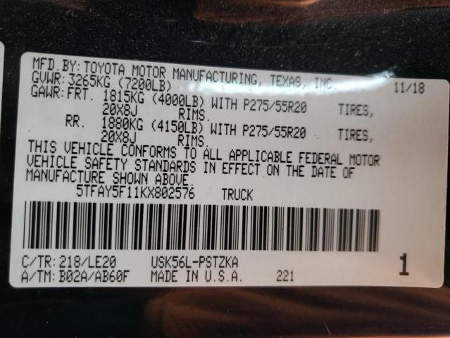 2019 TOYOTA TUNDRA CRE - 5TFAY5F11KX802576