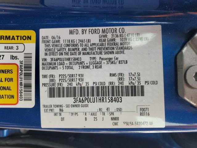 2017 FORD FUSION SE - 3FA6P0LU1HR158403