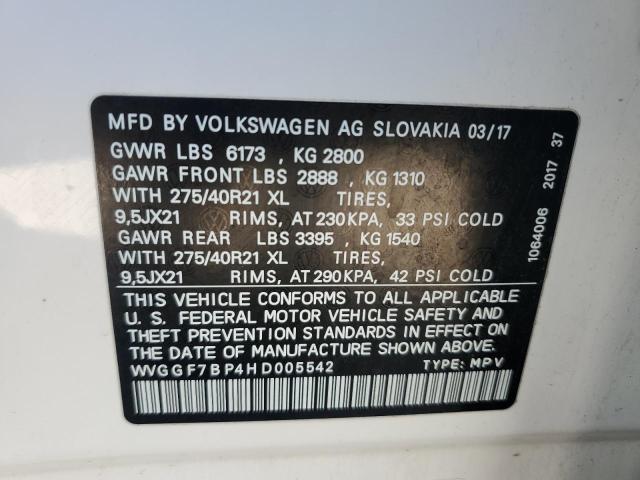 2017 VOLKSWAGEN TOUAREG EX WVGGF7BP4HD005542