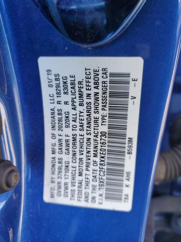 19XFC2F8XKE016730 2019 HONDA CIVIC