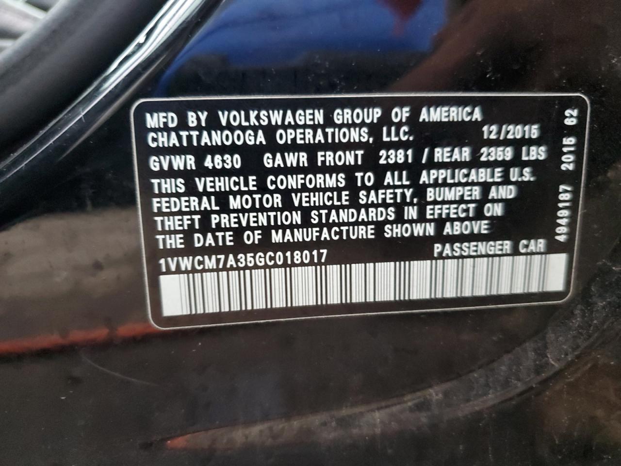 1vwcm7a35gc018017 - 2016 volkswagen passat - #80474824