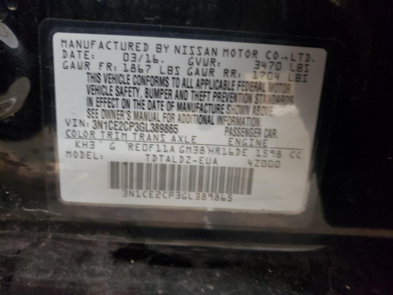 Lot #3004335798 2016 NISSAN VERSA NOTE