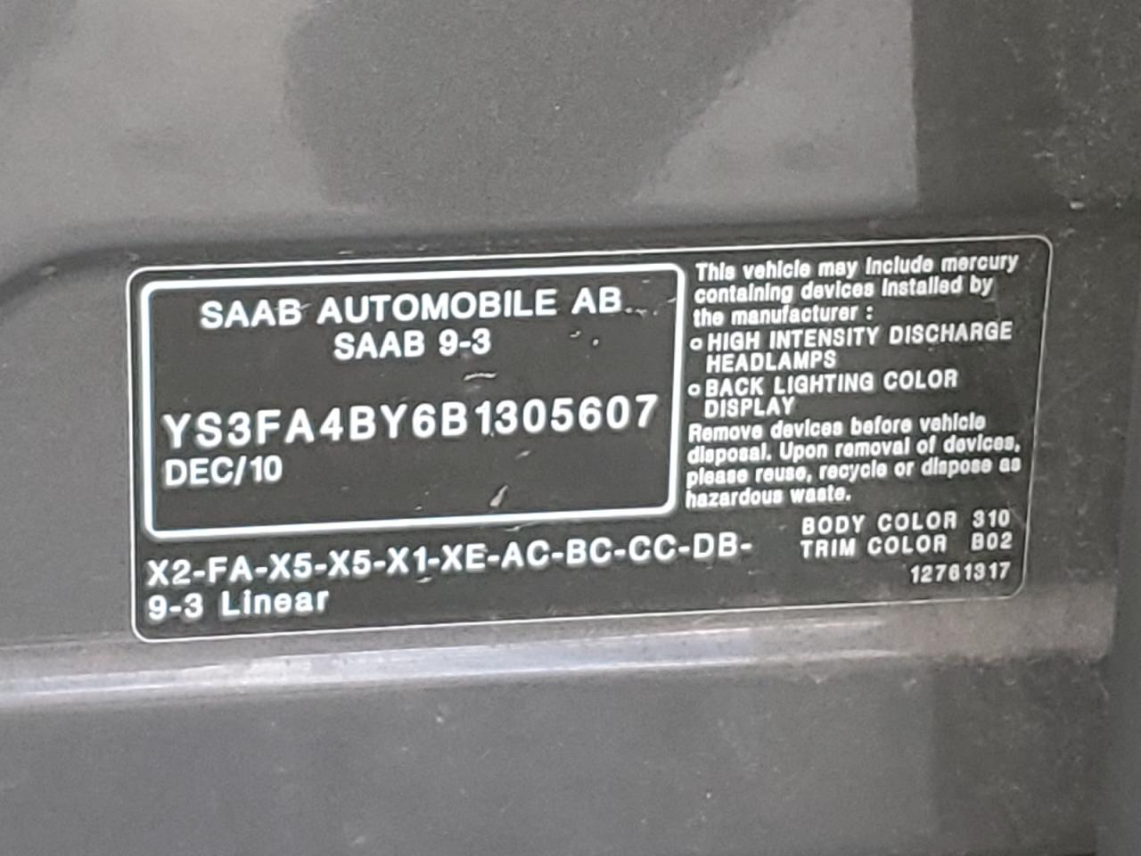 Lot #3003325123 2011 SAAB 9-3 2.0T