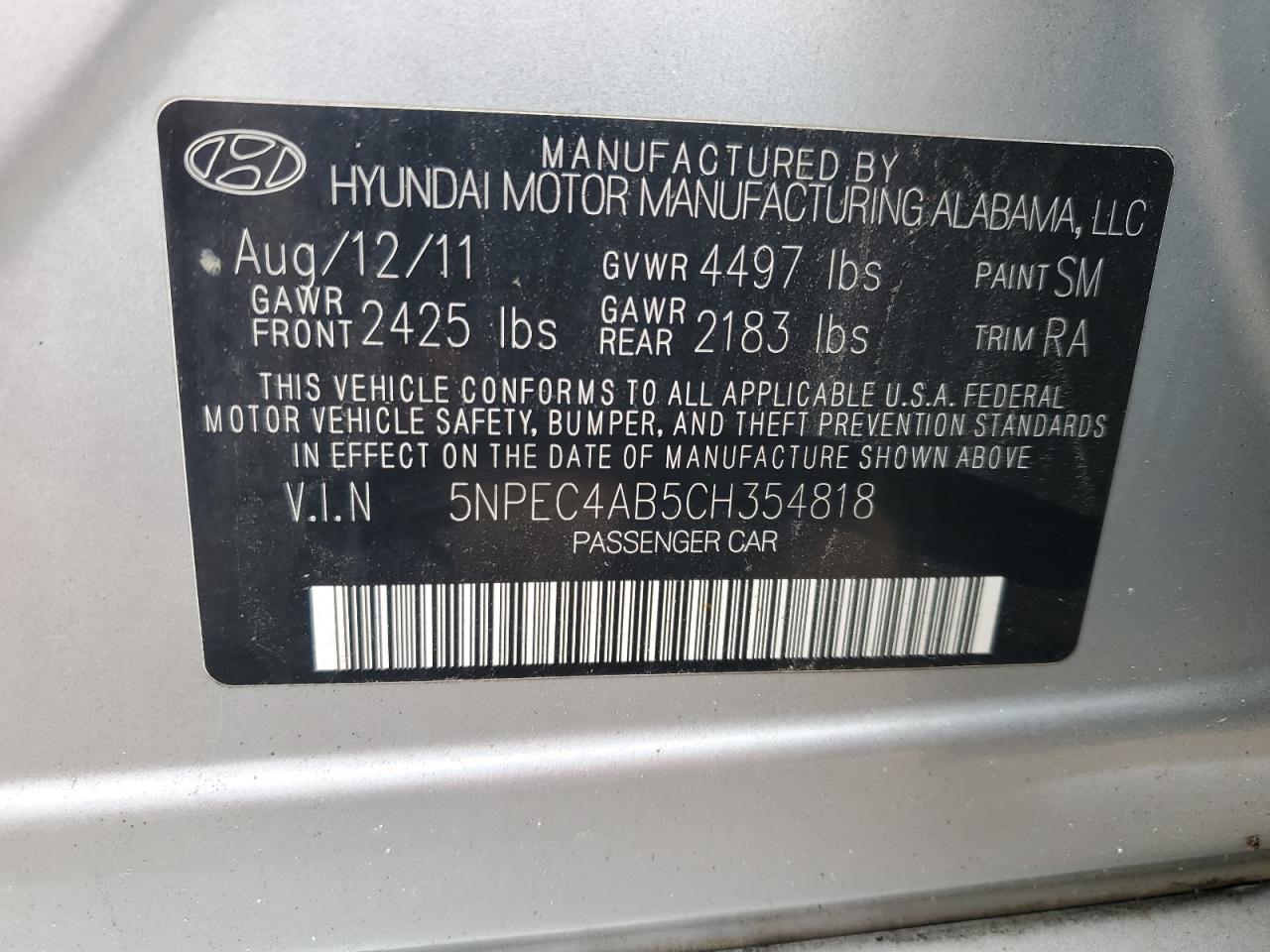 Lot #3006232450 2012 HYUNDAI SONATA SE