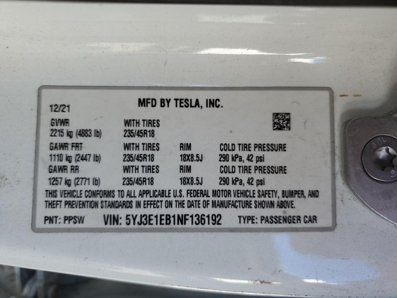 Lot #3020233485 2022 TESLA MODEL 3