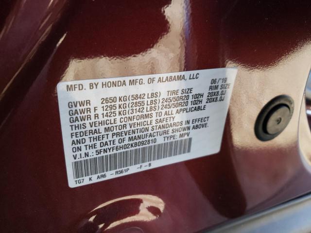 2019 HONDA PILOT ELIT - 5FNYF6H02KB092810