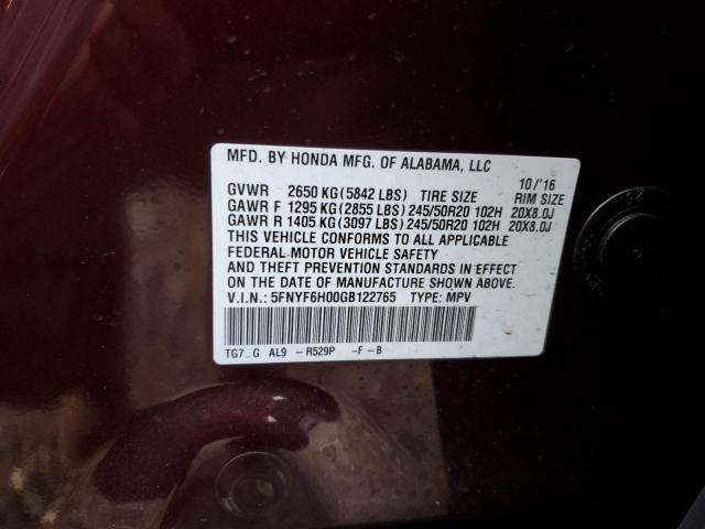 VIN 5FNYF6H00GB122765 2016 HONDA PILOT no.13