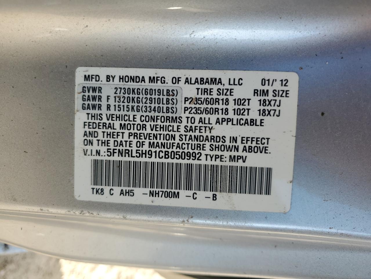 Lot #3024165876 2012 HONDA ODYSSEY TO