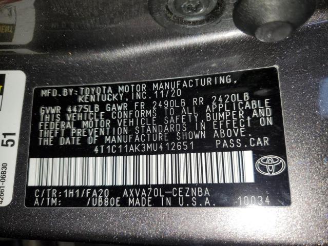 VIN 4T1C11AK3MU412651 2021 Toyota Camry, LE no.12