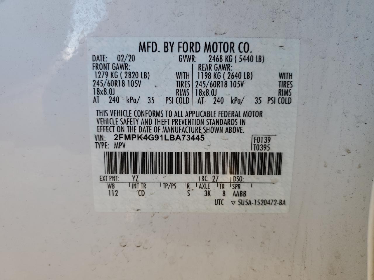 Lot #3024677609 2020 FORD EDGE SE