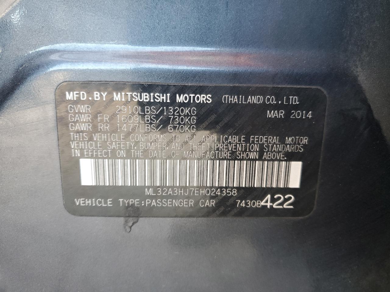 Lot #2962543920 2014 MITSUBISHI MIRAGE DE