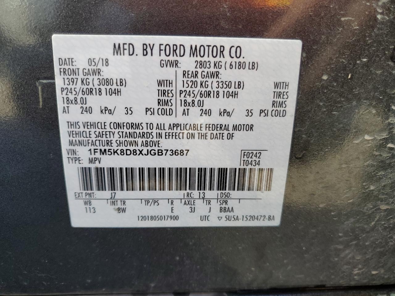 Lot #3034343131 2018 FORD EXPLORER X