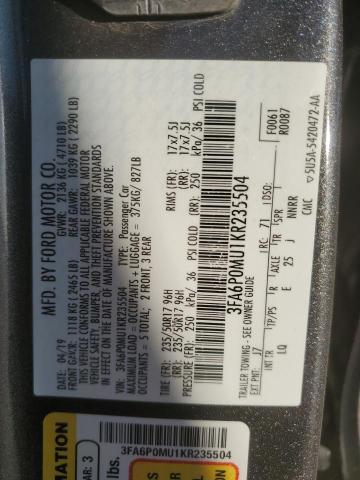 2019 FORD FUSION SEL - 3FA6P0MU1KR235504