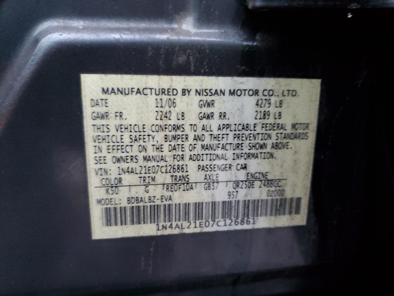 Lot #3034280100 2007 NISSAN ALTIMA 2.5