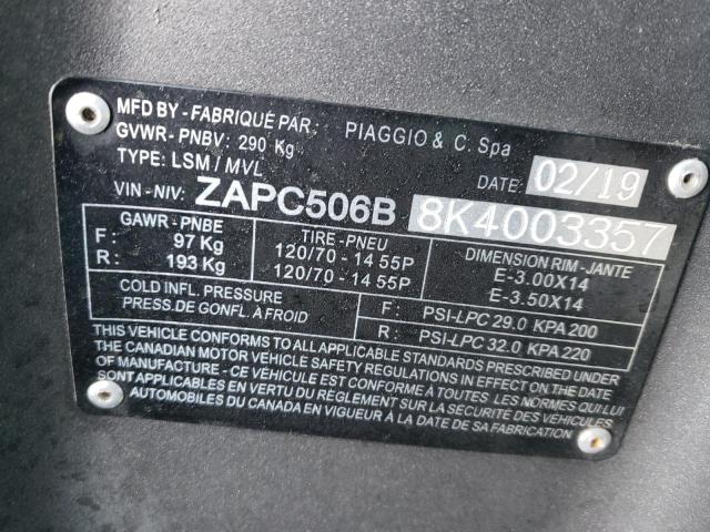 2019 PIAGGIO SCOOTER ZAPC506B8K4003357