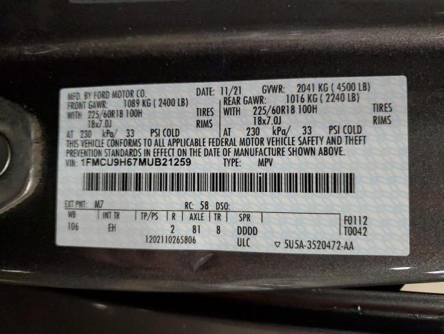 VIN 1FMCU9H67MUB21259 2021 Ford Escape, Sel no.13