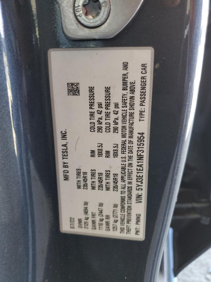 Lot #3033423084 2022 TESLA MODEL 3