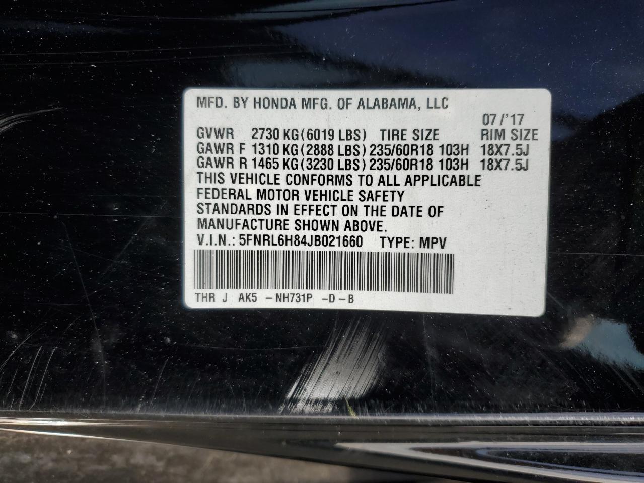 Lot #3041983198 2018 HONDA ODYSSEY TO