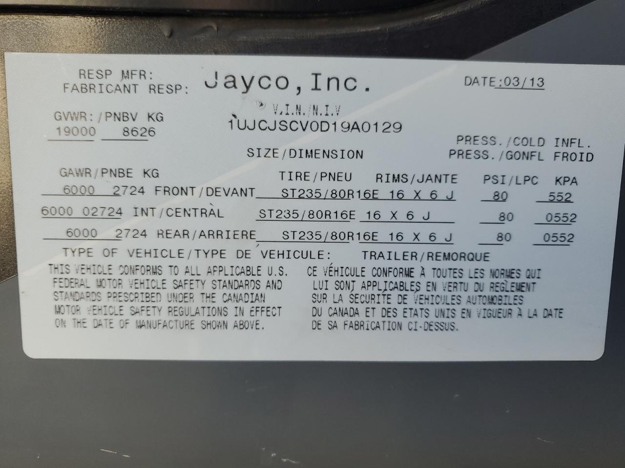 Lot #3006611357 2013 JAYCO SEISMIC