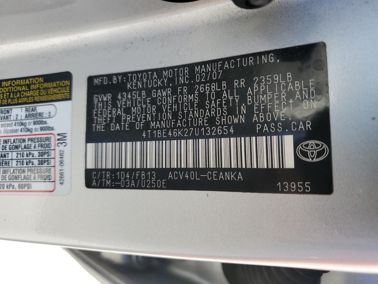 Lot #2993808174 2007 TOYOTA CAMRY CE