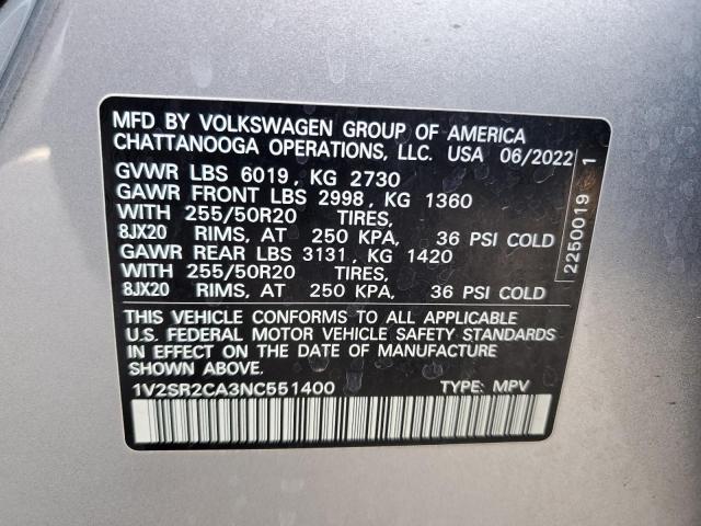 2022 VOLKSWAGEN ATLAS SEL - 1V2SR2CA3NC551400