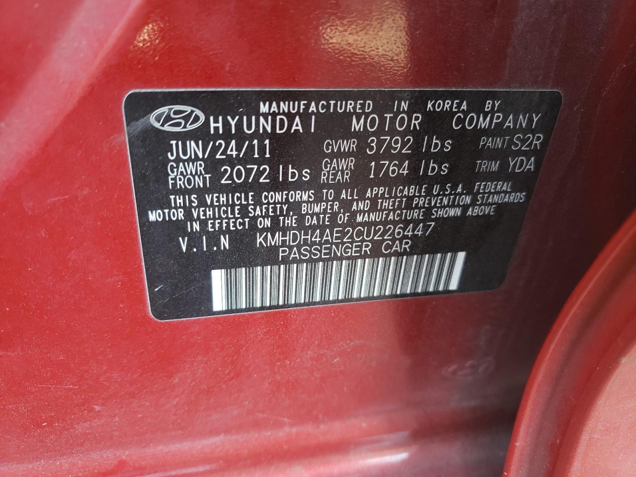 Lot #3023330247 2012 HYUNDAI ELANTRA GL