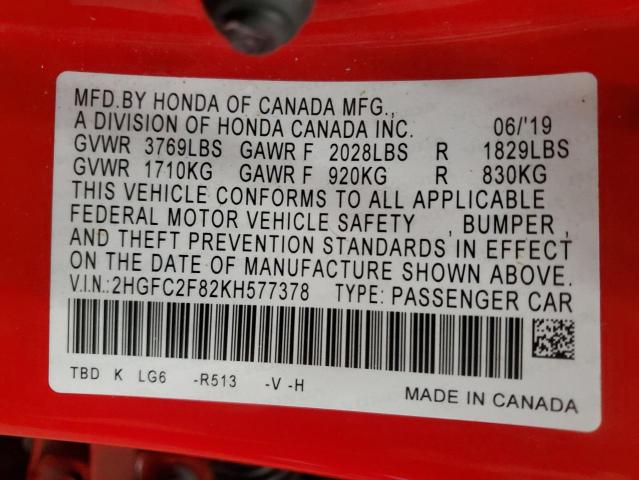 2HGFC2F82KH577378 2019 HONDA CIVIC