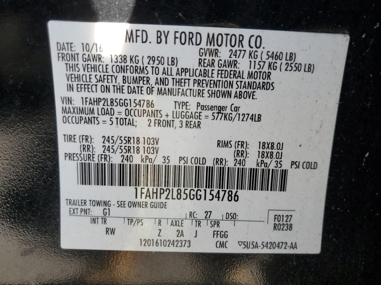 Lot #2962483960 2016 FORD TAURUS POL