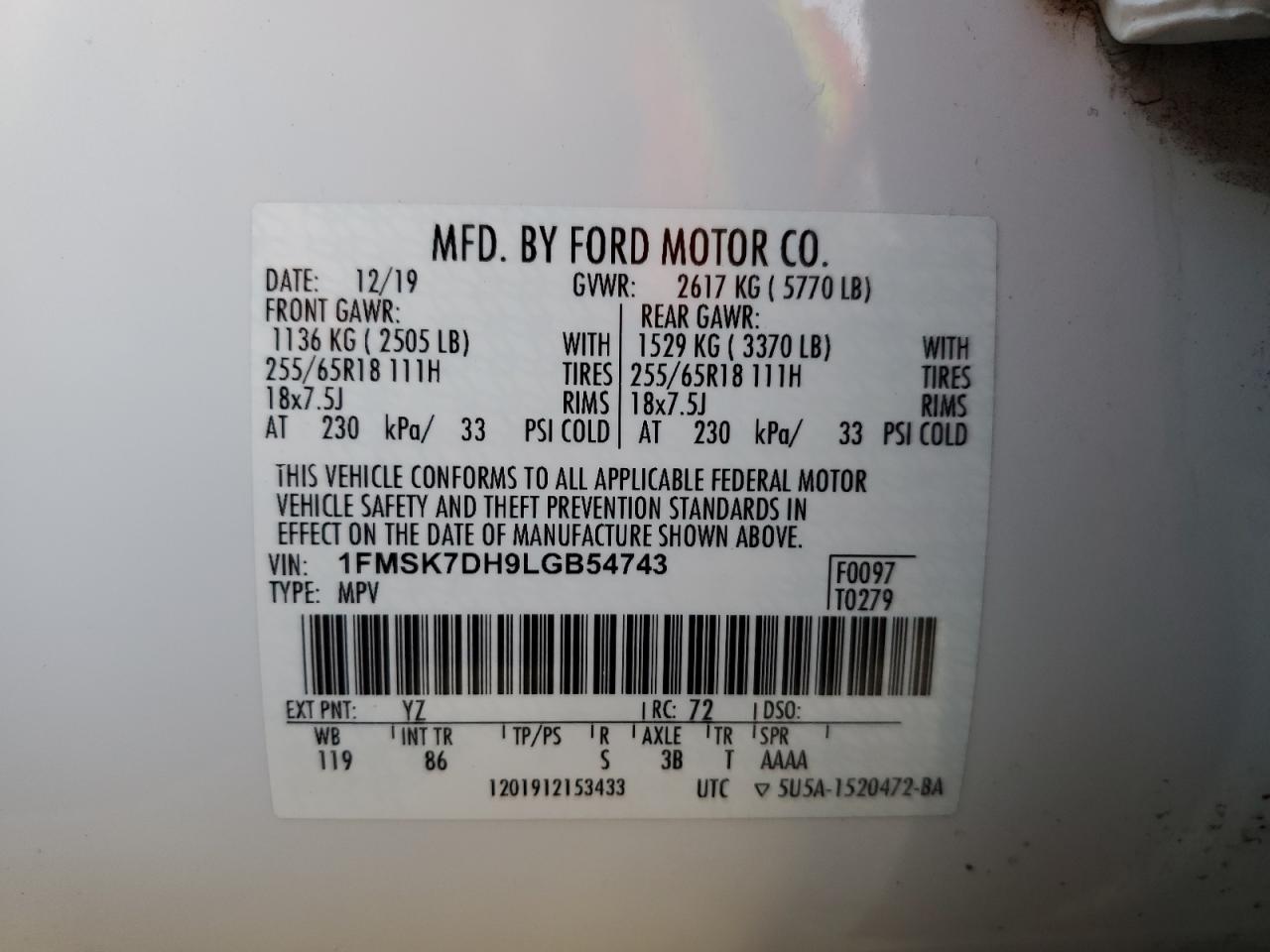 Lot #2991178106 2020 FORD EXPLORER X