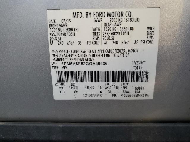 VIN 1FM5K8F82GGA46406 2016 Ford Explorer, Limited no.13