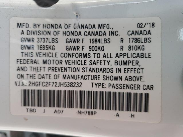 2018 HONDA CIVIC EX - 2HGFC2F72JH538232