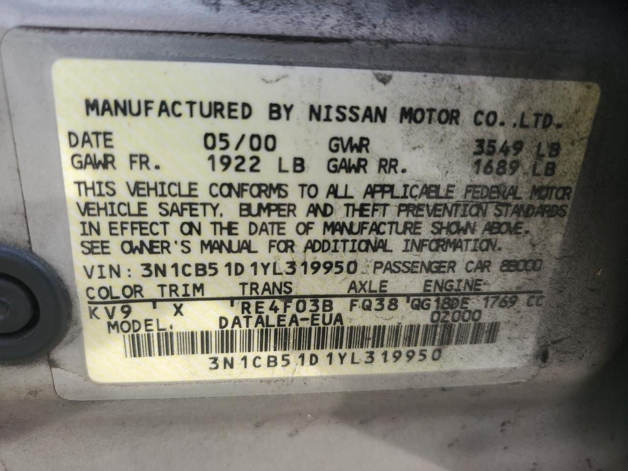 Lot #2979446648 2000 NISSAN SENTRA CA