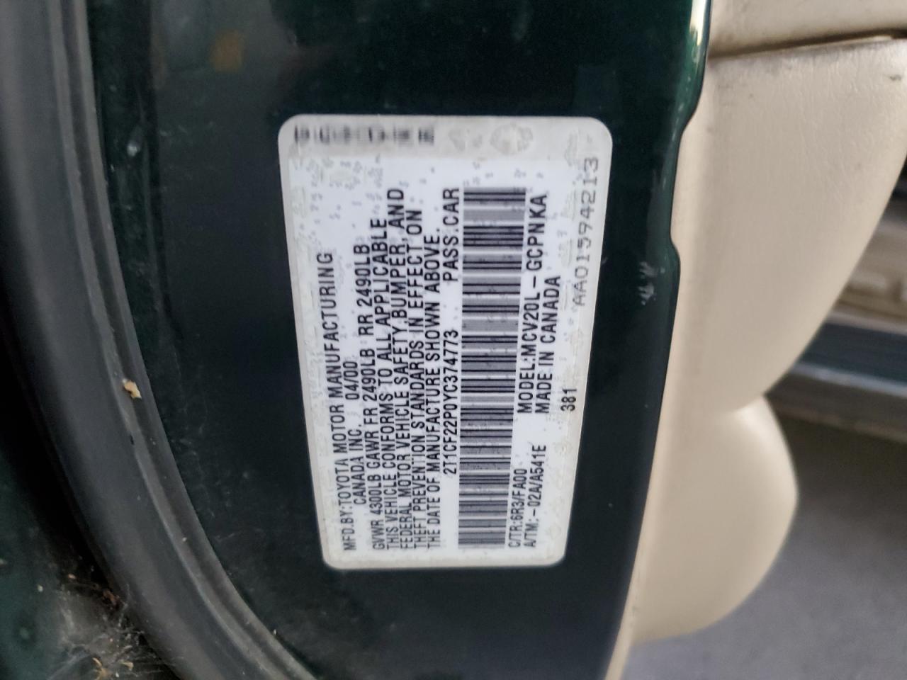 Lot #3009049337 2000 TOYOTA CAMRY SOLA