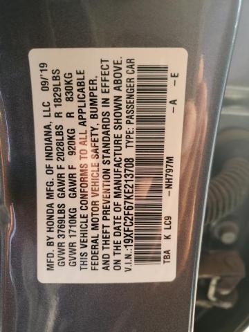 19XFC2F67KE213708 2019 HONDA CIVIC