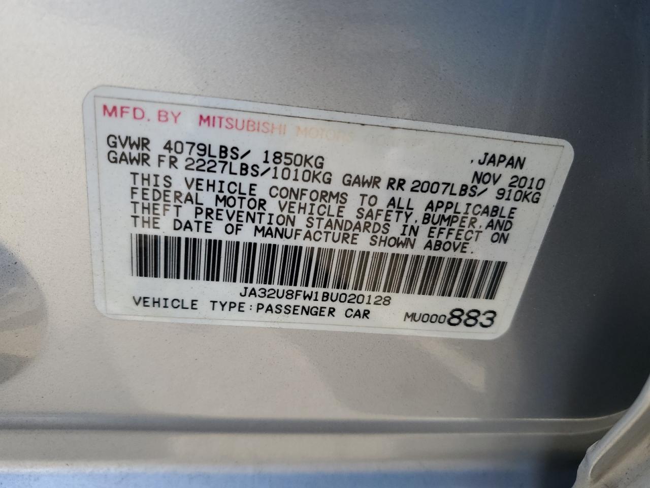 Lot #3050305945 2011 MITSUBISHI LANCER