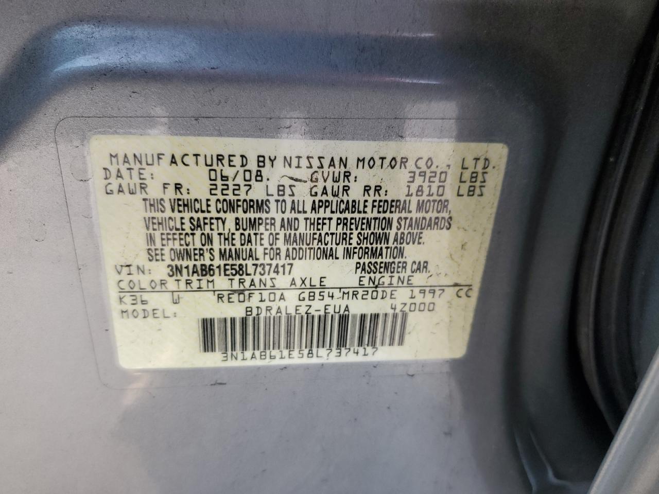 Lot #3033427097 2008 NISSAN SENTRA 2.0