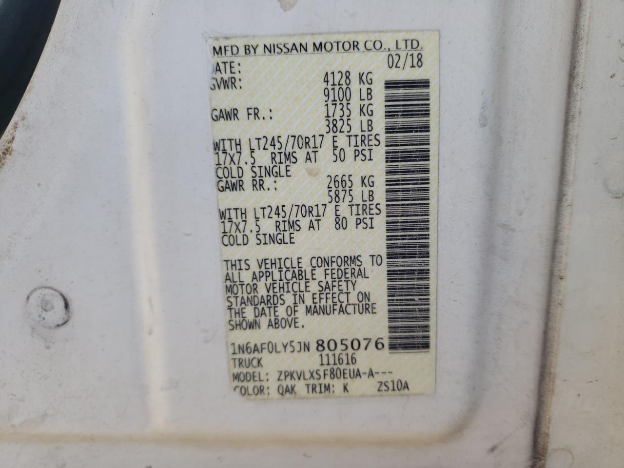 Lot #3024352540 2018 NISSAN NV 2500 S