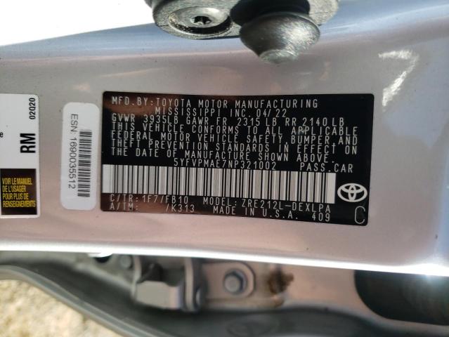 2022 TOYOTA COROLLA LE - 5YFVPMAE7NP321002