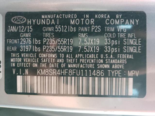 VIN KM8SR4HF8FU111486 2015 Hyundai Santa Fe, Gls no.13