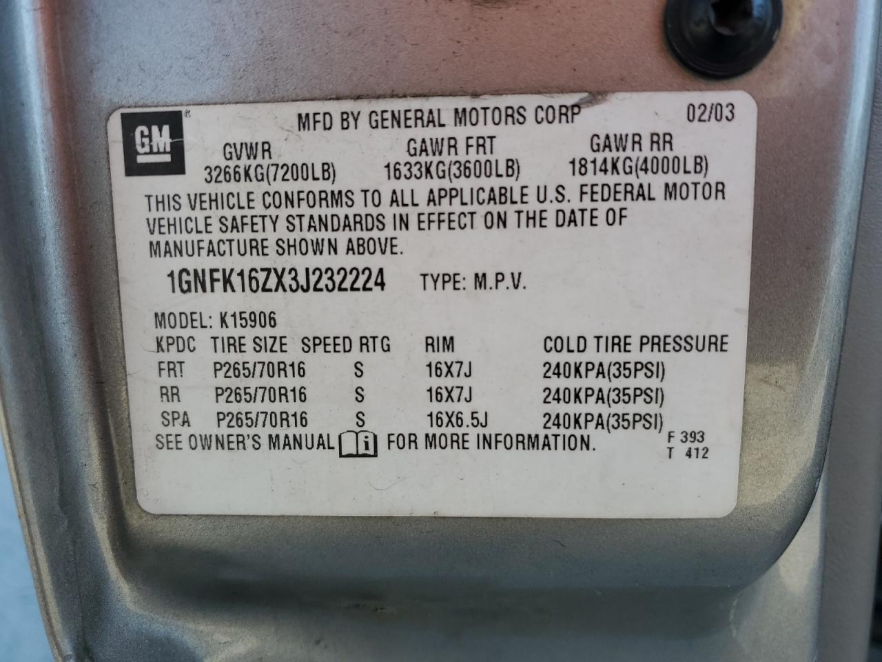 Lot #3315951163 2003 CHEVROLET SUBURBAN K